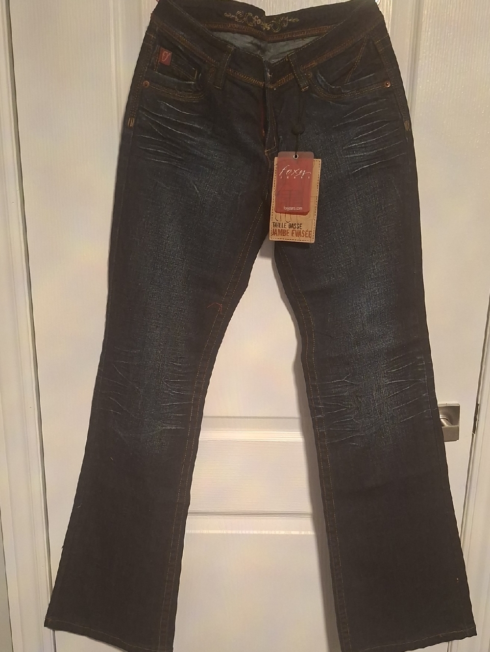 Dark Blue Flare Jeans with Whisker Detail‎ - Unbranded